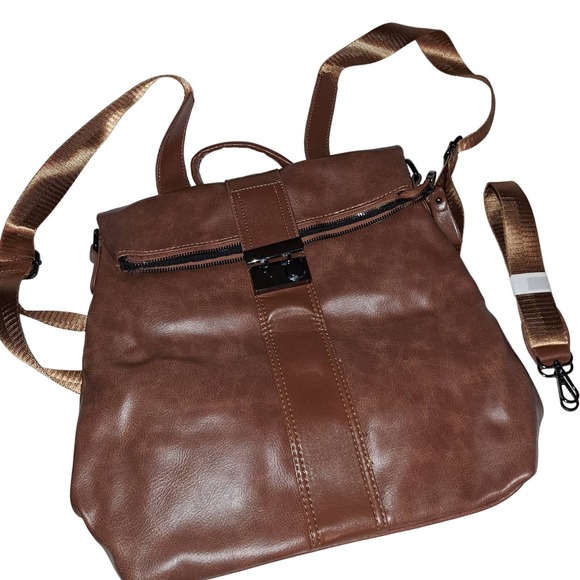 SALE!!! NEW Vegan Carmel Leather BackPack Convertible Crossbody - Picture 1 of 8